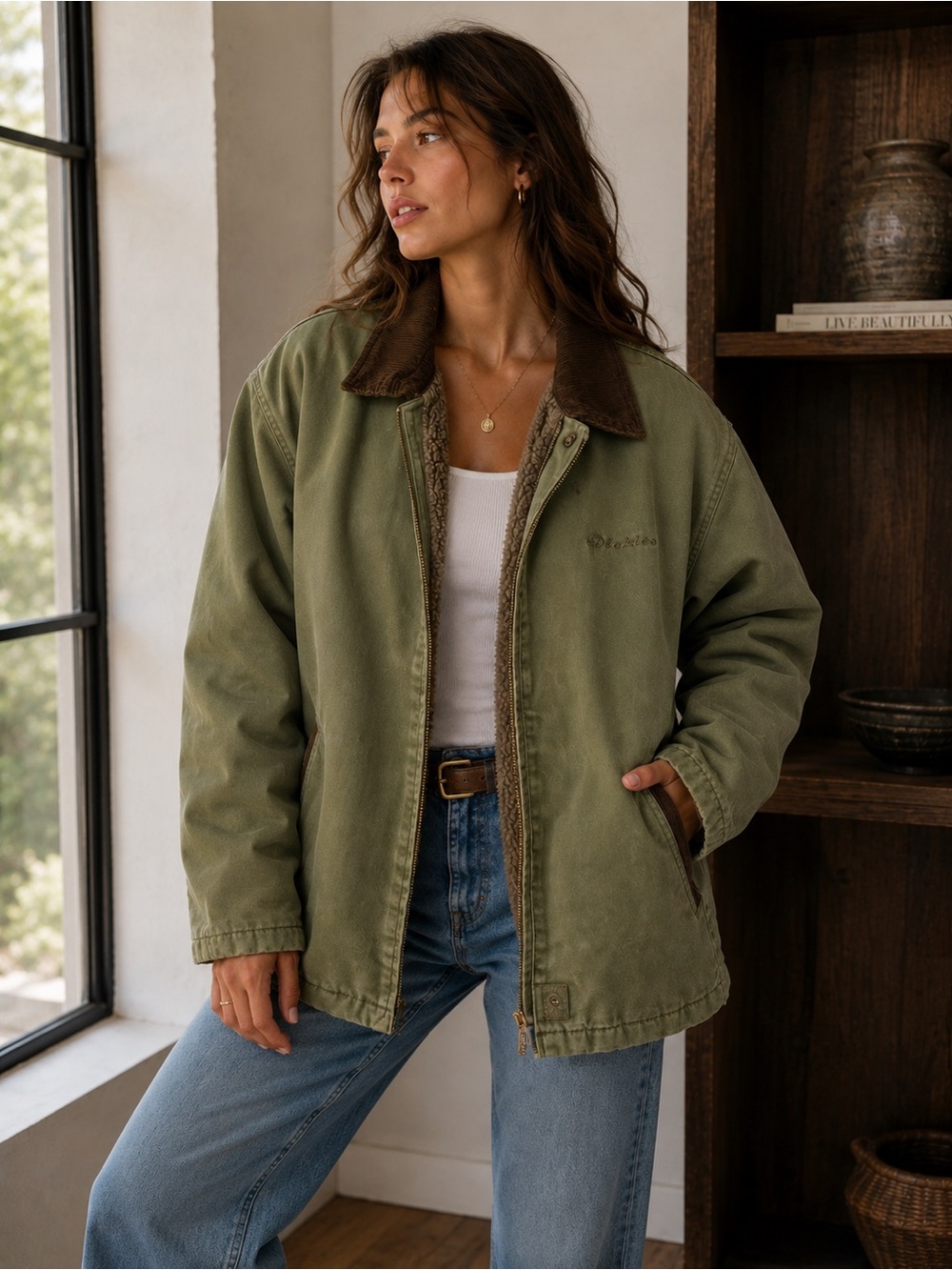 Dickies Olive Green Sherpa Barn Coat/Jacket with Brown Corduroy Collar